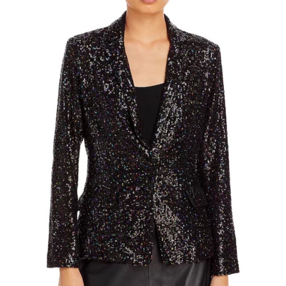 MILLY Confetti Sequin Fitted Blazer Jacket, Black Multicolor